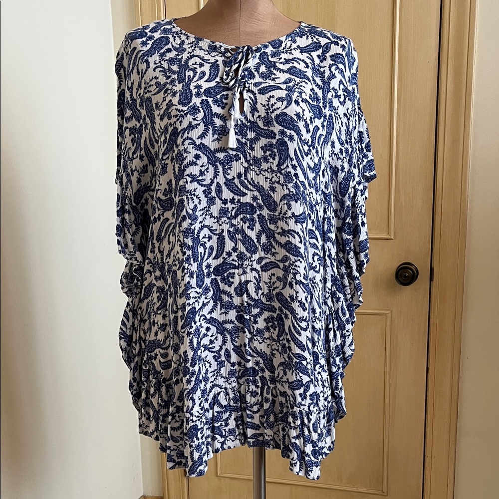 LOFT BEACH Resort Wear Beach Blue & White Floral Ruffle Lace Up Swim Coverup XS